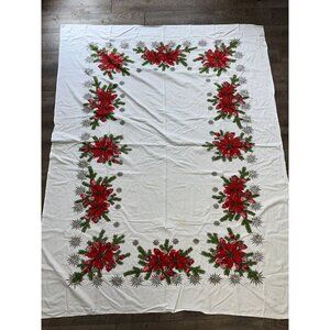 Vtg 50s Xmas Holiday Tablecloth Poinsettias Balsam Shiny Brite Ornament 76x58